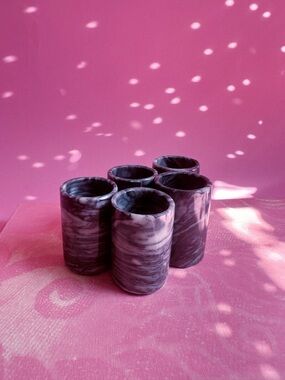 Set of 5 Dark Grey & White Marbled Onyx Shot Glasses Barware